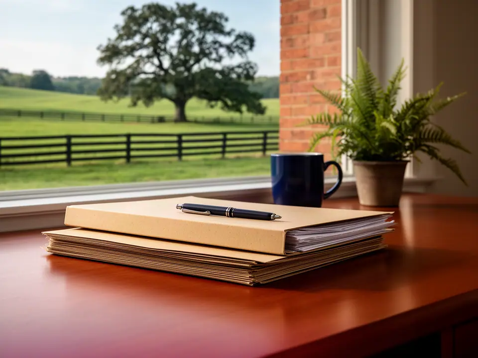 Manila folders, a pen and a navy mug by a window onto a bur oak and plank fences